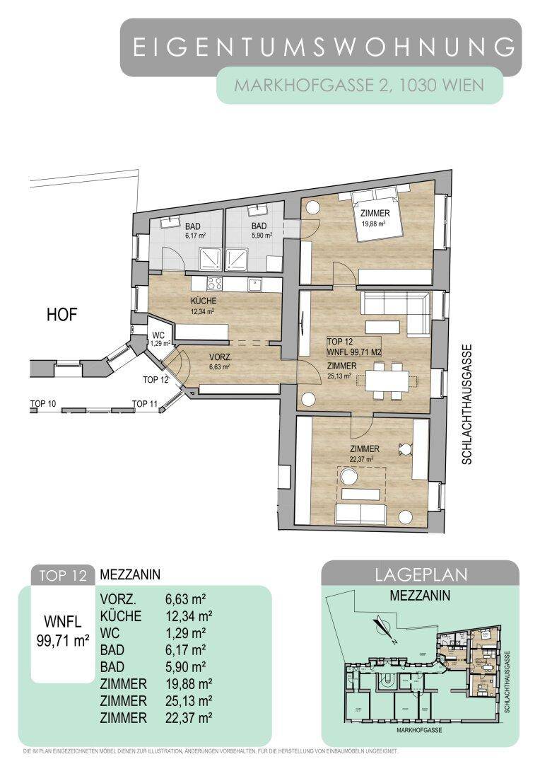Grundriss einer Eigentumswohnung mit 99,71 m² Wohnfläche, drei Zimmern, zwei Bädern und separatem WC.