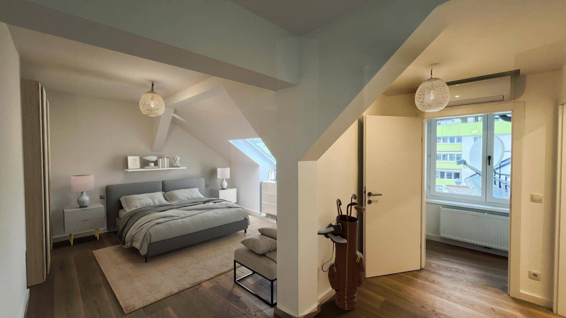 Gemütliches Schlafzimmer im Dachgeschoss mit Holzboden, Dachfenster und Klimaanlage.