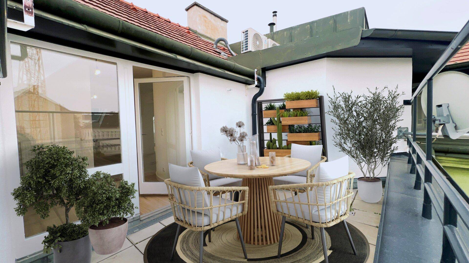 Möblierte Dachterrasse mit Sitzgelegenheiten und Pflanzen, ideal zum Entspannen.