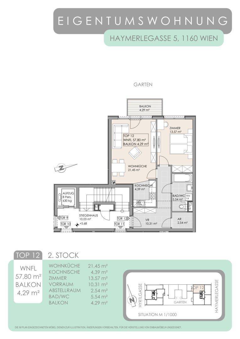 Grundriss der Eigentumswohnung Top 12 mit Balkon und Garten, zeigt die Raumaufteilung.