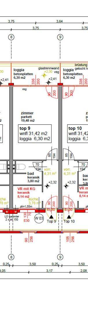 Grundriss zeigt zwei Wohneinheiten mit Loggien, Bädern und Küchenbereichen.