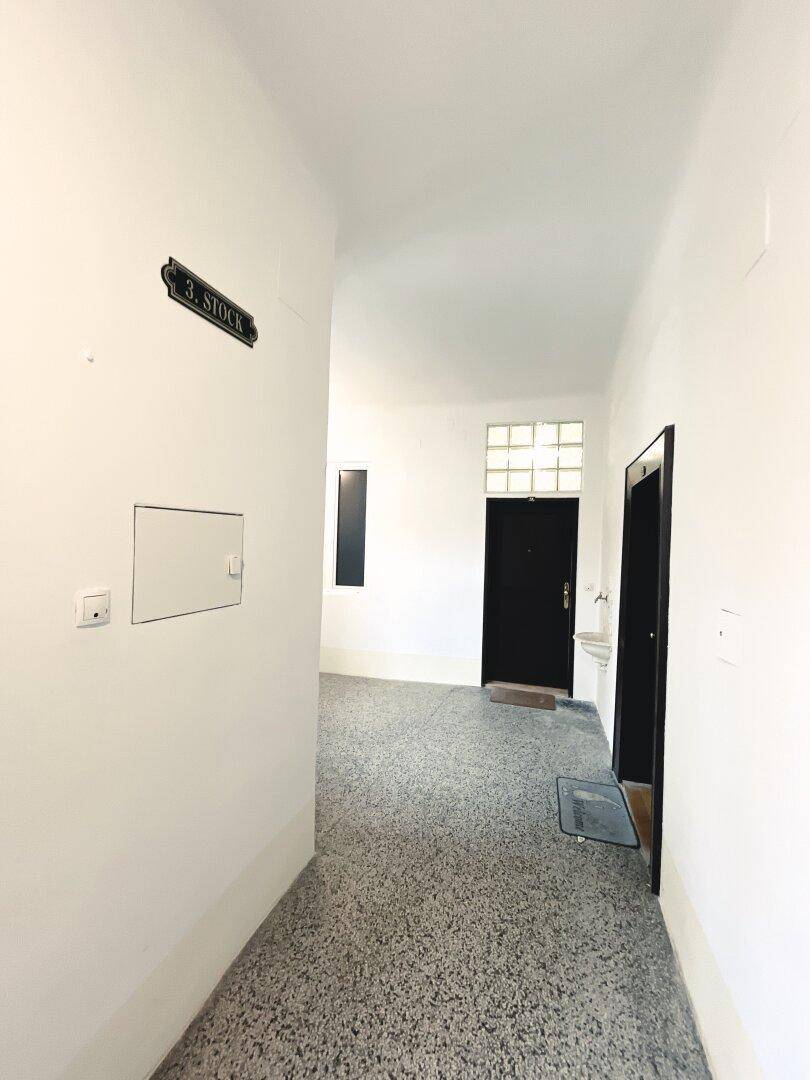 Gemeinschaftsflur mit Terrazzoboden, Treppenhaus und Eingangstüren zu den Wohnungen.