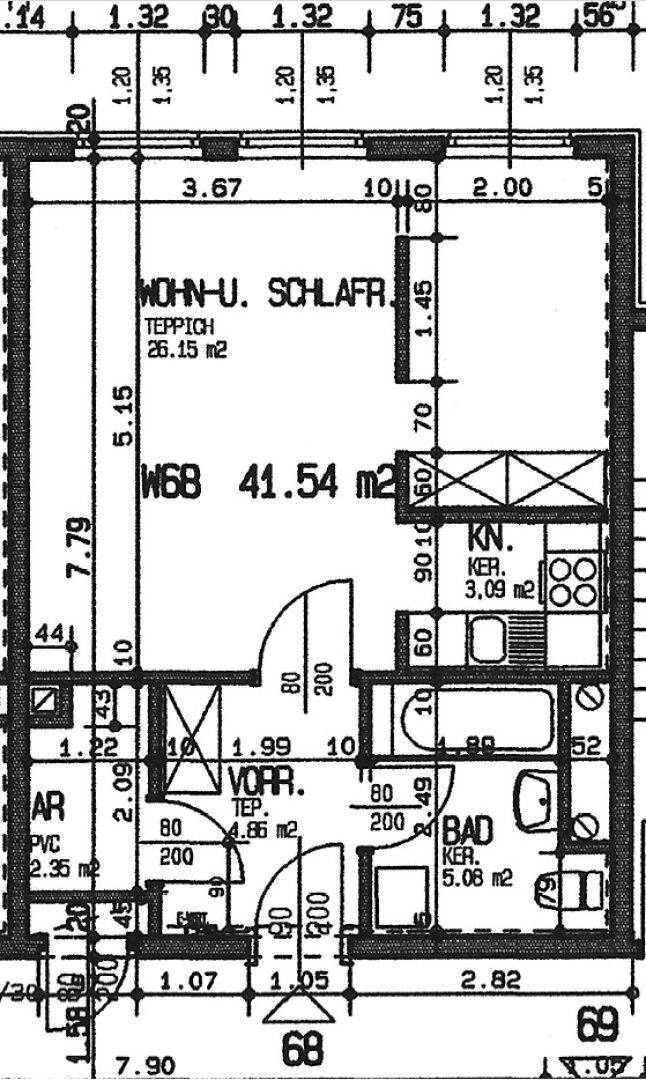 Grundrissplan einer Wohnung mit Wohn- und Schlafbereich, Küche und Bad.