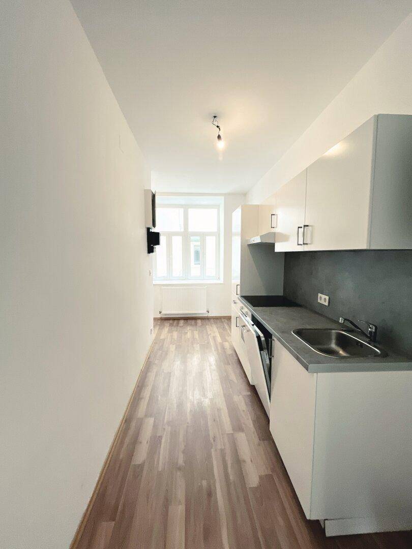 Schmale Küche mit weißen Einbauschränken, dunkler Arbeitsplatte und Fenster mit Blick nach draußen.