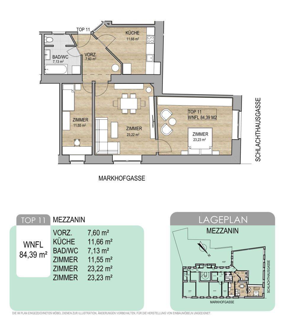 Detaillierter Grundriss der Mezzanin-Wohnung Top 11 mit Raumaufteilung und Flächenangaben.