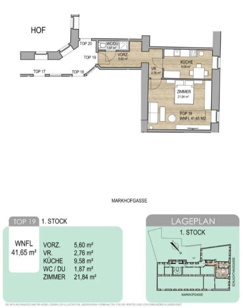 Grundriss einer Wohnung im ersten Stock mit Zimmer, Küche, Bad und Vorraum.
