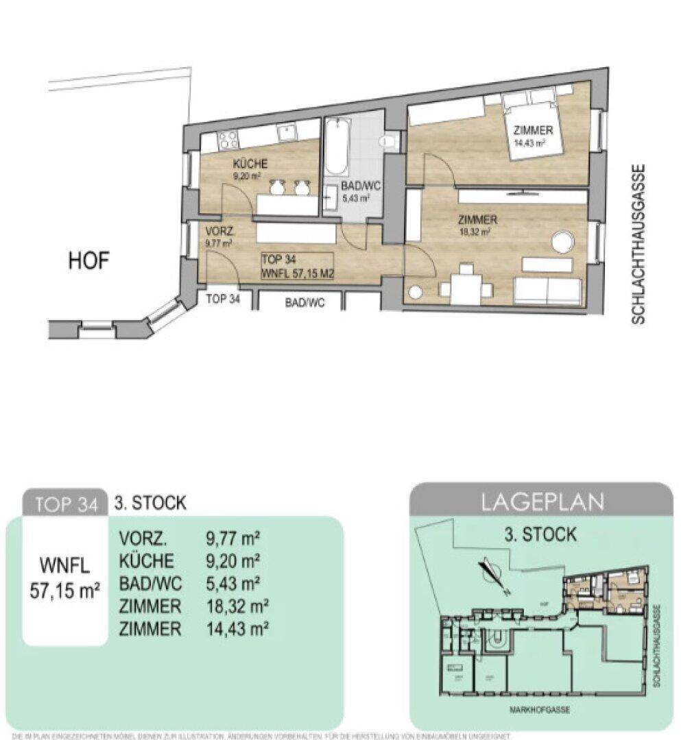 Grundriss einer Wohnung im dritten Stock mit zwei Zimmern und Hofblick.