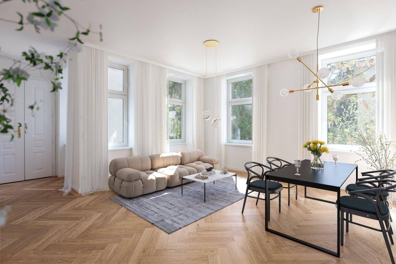 Helles Wohn- und Esszimmer mit modernem Sofa, schwarzem Esstisch und Fischgrätparkettboden.