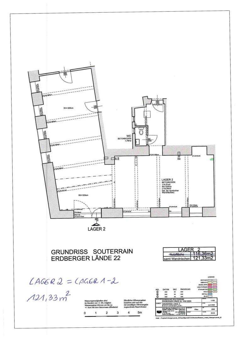 Grundriss des Lagerbereichs 2 mit integrierter Toilette und Gesamtfläche von 121,33 m².