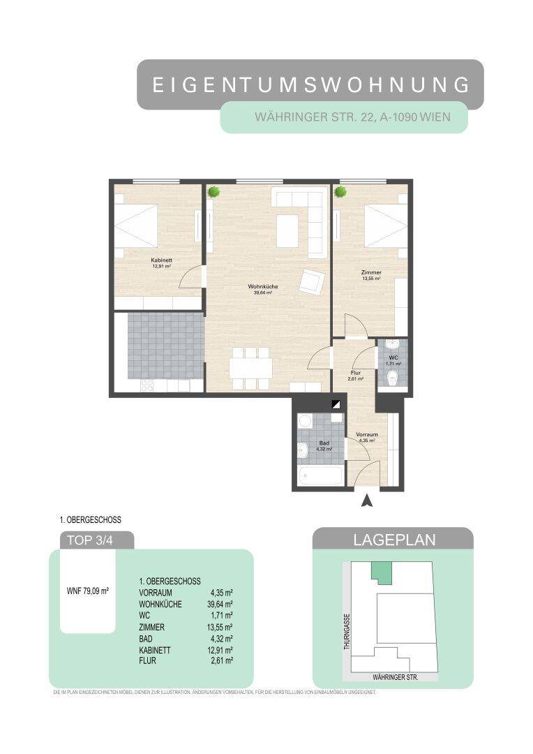 Grundriss einer Eigentumswohnung mit offener Wohnküche, zwei Schlafzimmern und Terrasse.