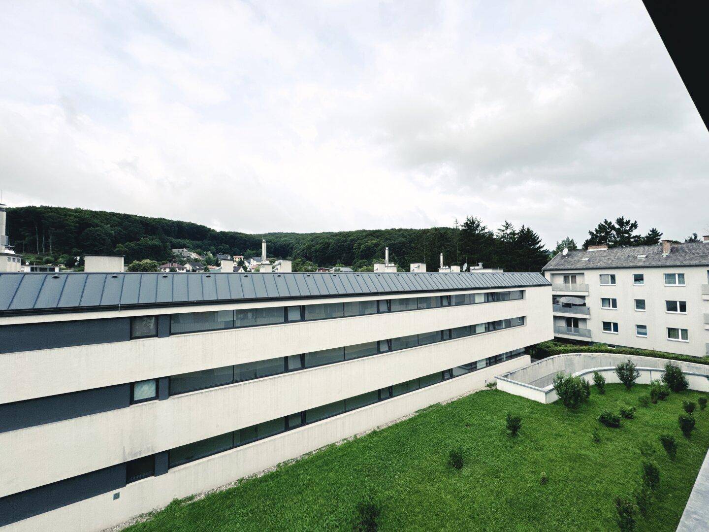 Ansicht des modernen Gebäudes mit grüner Rasenfläche und bewaldeter Umgebung im Hintergrund.