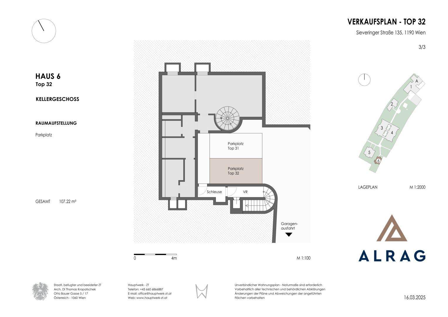 Grundriss des Kellergeschosses mit Parkplätzen und Zugang zum Treppenhaus.