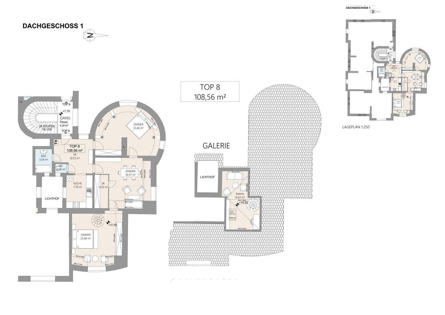 Grundriss des Dachgeschosses mit zwei Einheiten, Wendeltreppe und Galeriebereich.