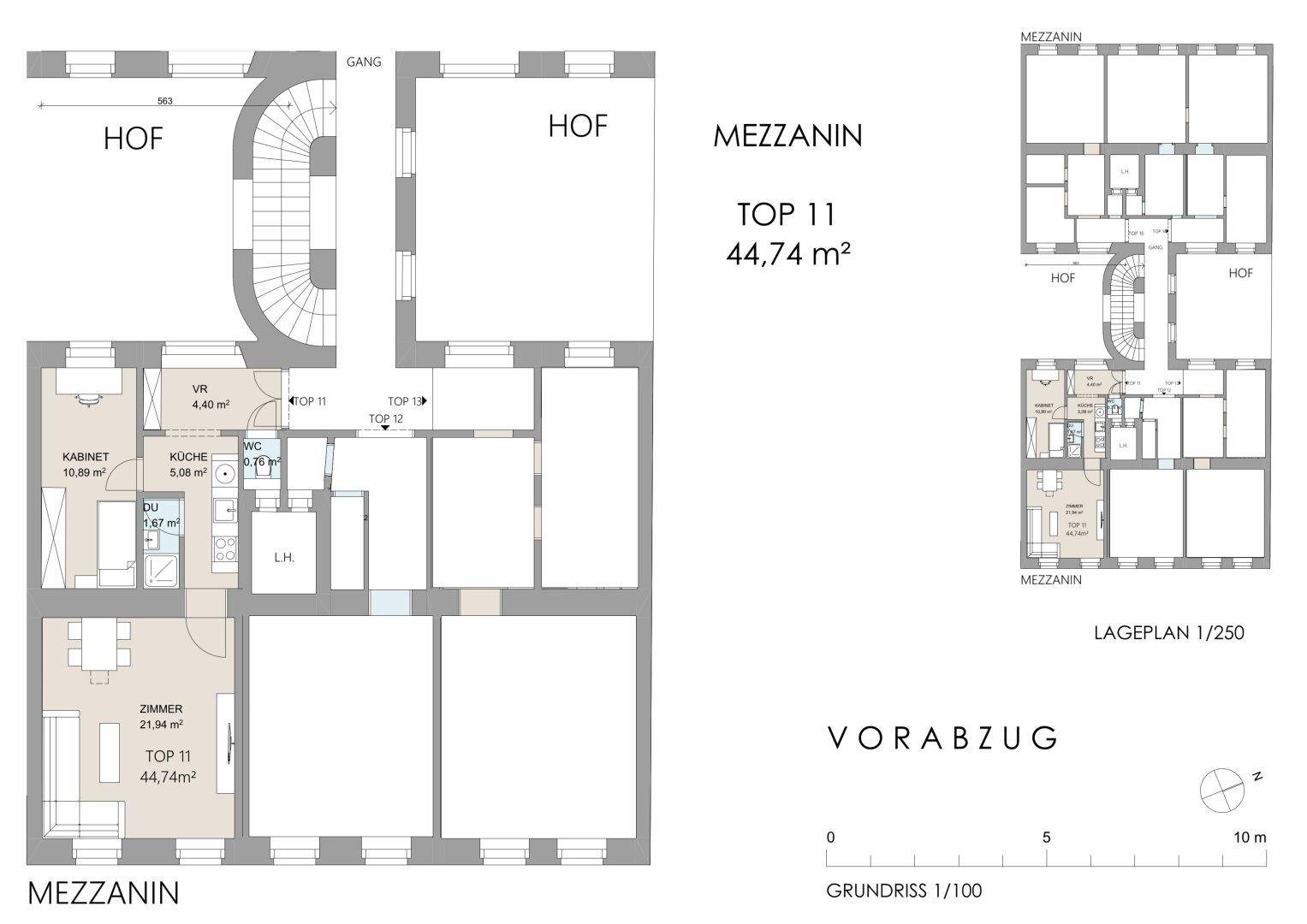Grundriss der Wohnung TOP 11 im Mezzanin mit 44,74 m² Wohnfläche.