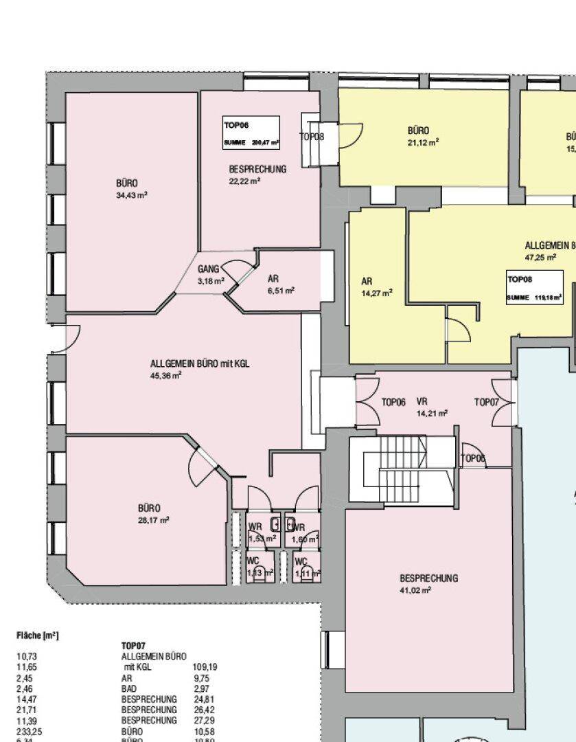 Detaillierter Grundriss mit Büros, Besprechungsräumen, Gemeinschaftsbereichen und Toiletten.
