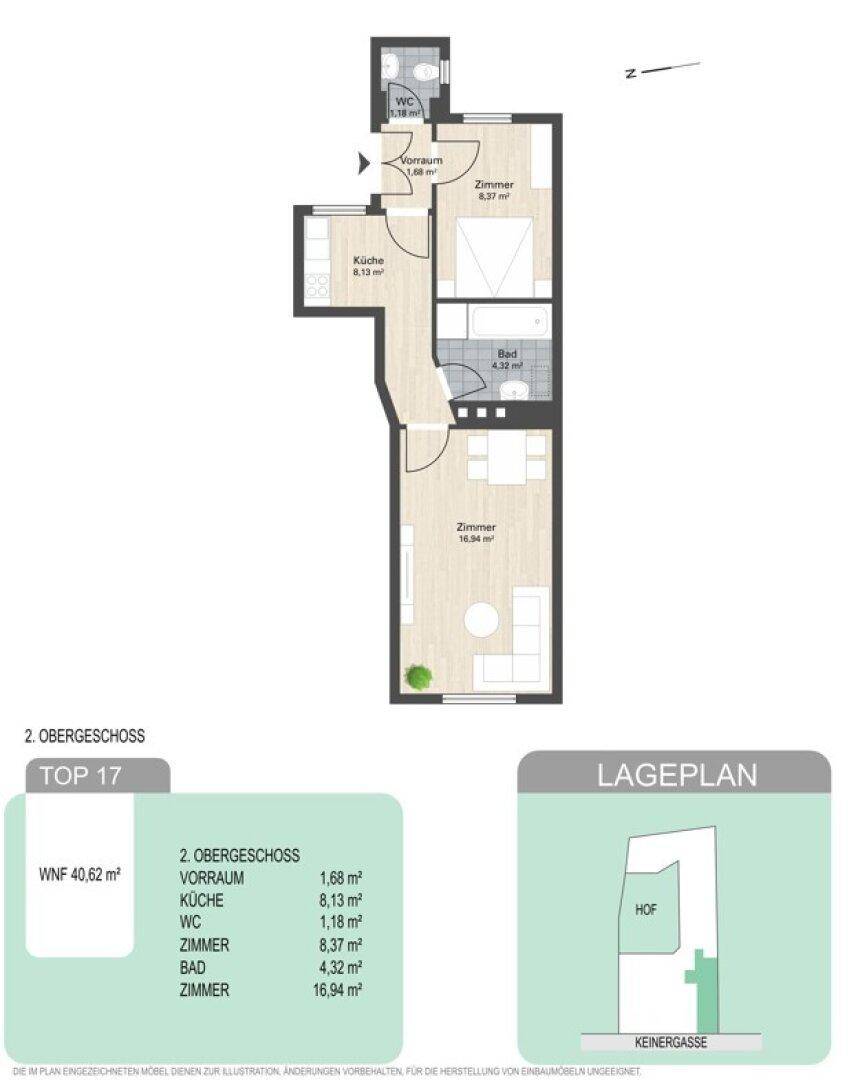 Grundriss einer Wohnung im 2. Obergeschoss mit separater Küche, Bad und WC.
