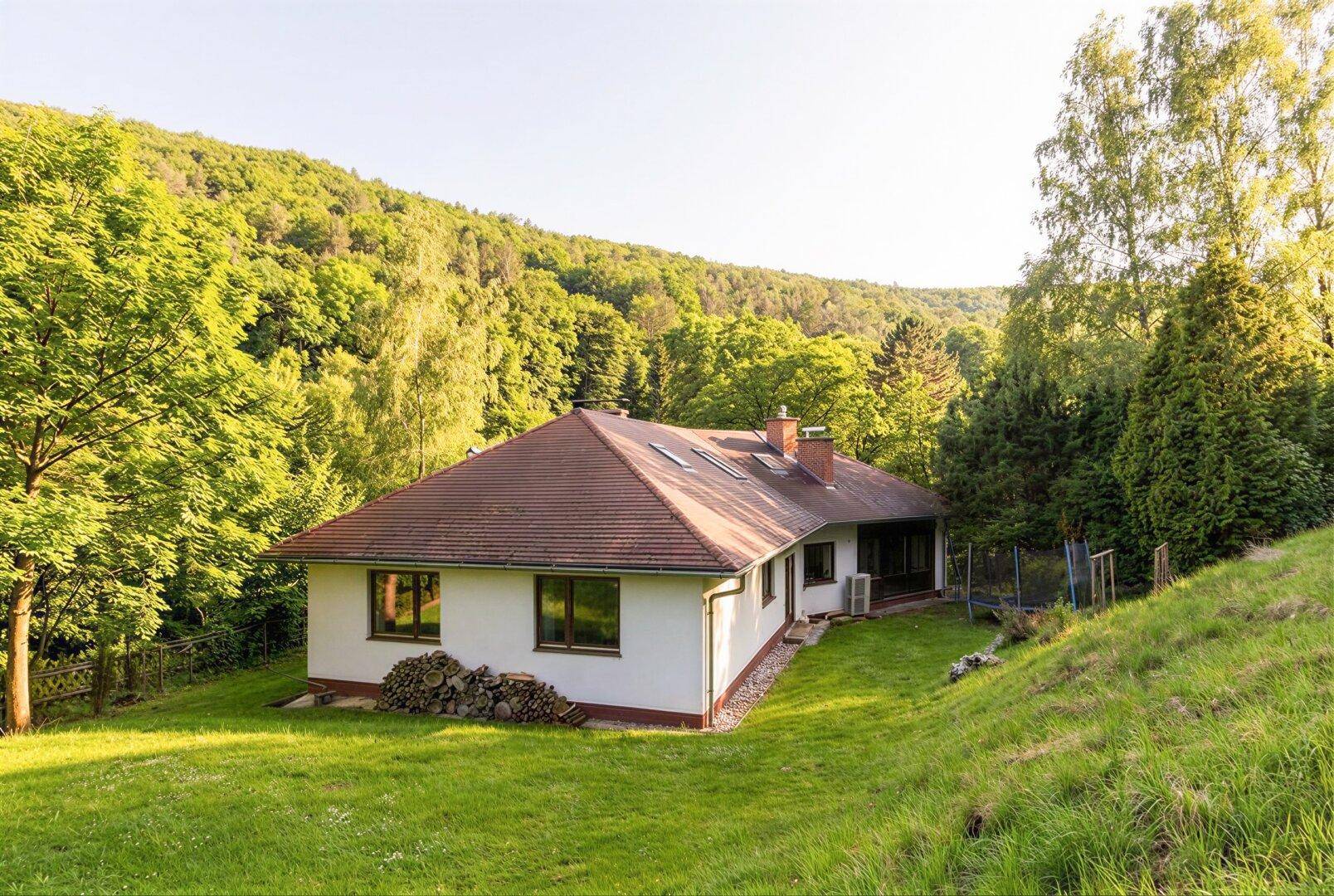 Haus in Hanglage mit großem Rasen und Holzstapel, umgeben von Wald und Natur.