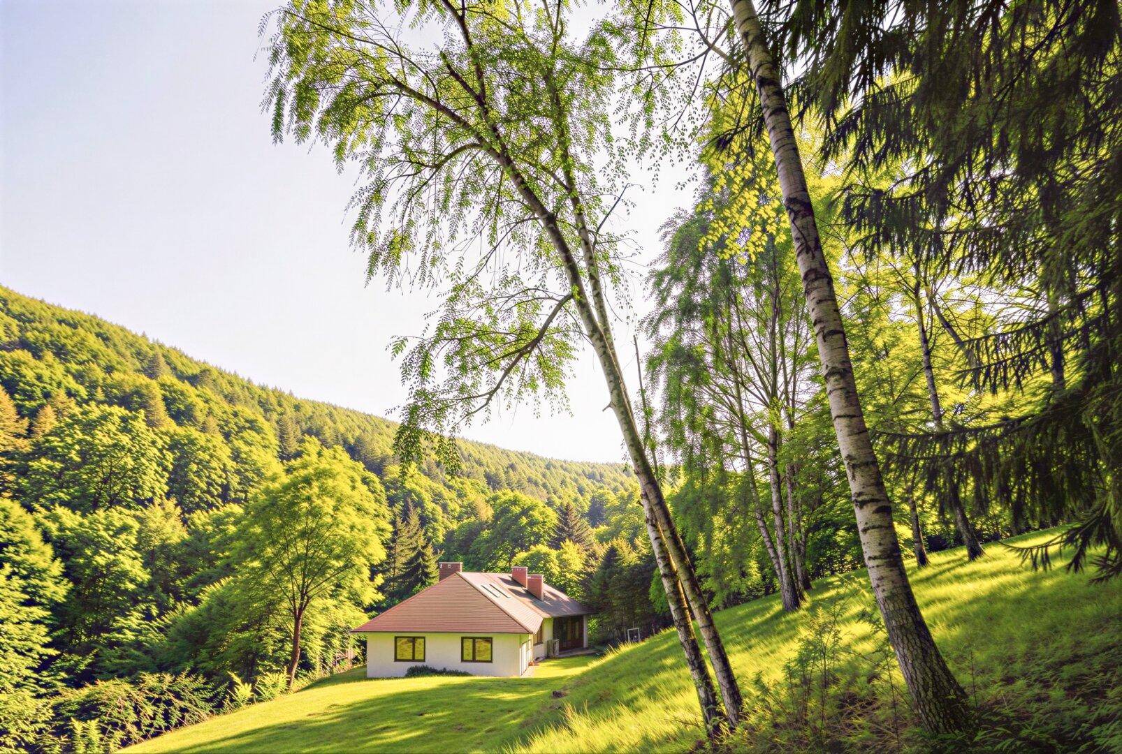 Haus eingebettet in eine malerische Hügellandschaft mit dichten Wäldern und viel Grün.