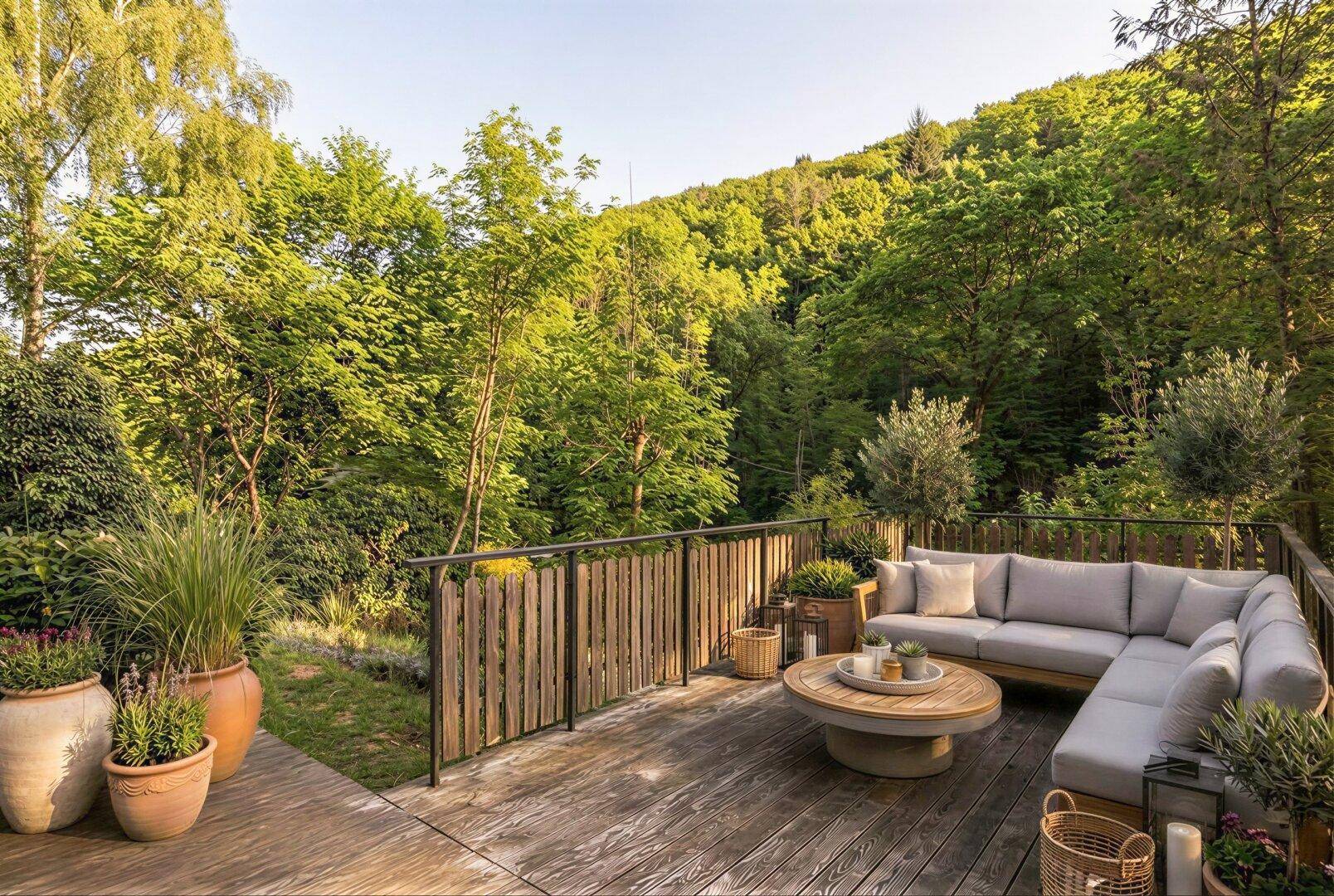 Möblierte Holzterrasse mit bequemen Loungemöbeln und weitem Blick ins Grüne.
