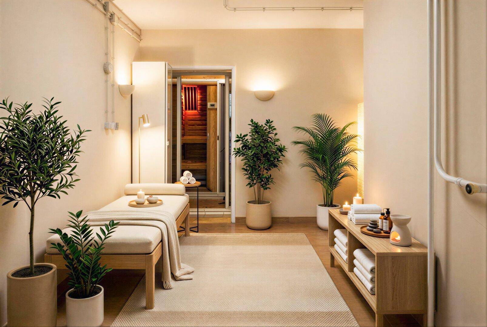 Entspannender Wellnessbereich mit Liege, Pflanzen und einer sichtbaren Sauna.