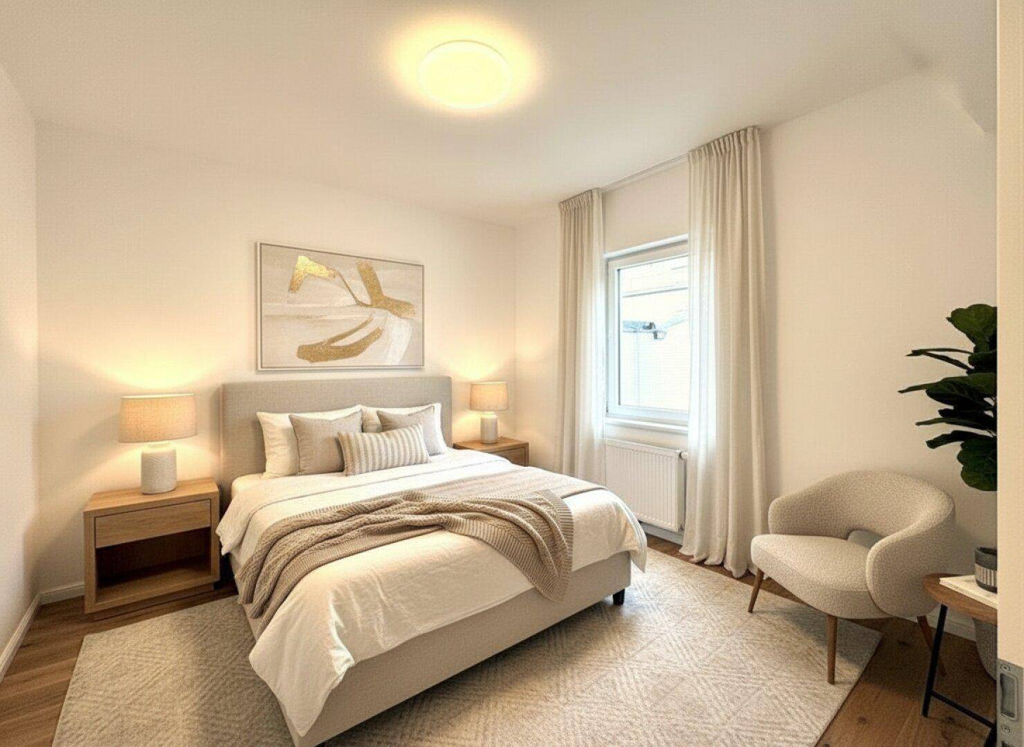 Gemütliches Schlafzimmer mit Doppelbett, Nachttischen und modernem Dekor.