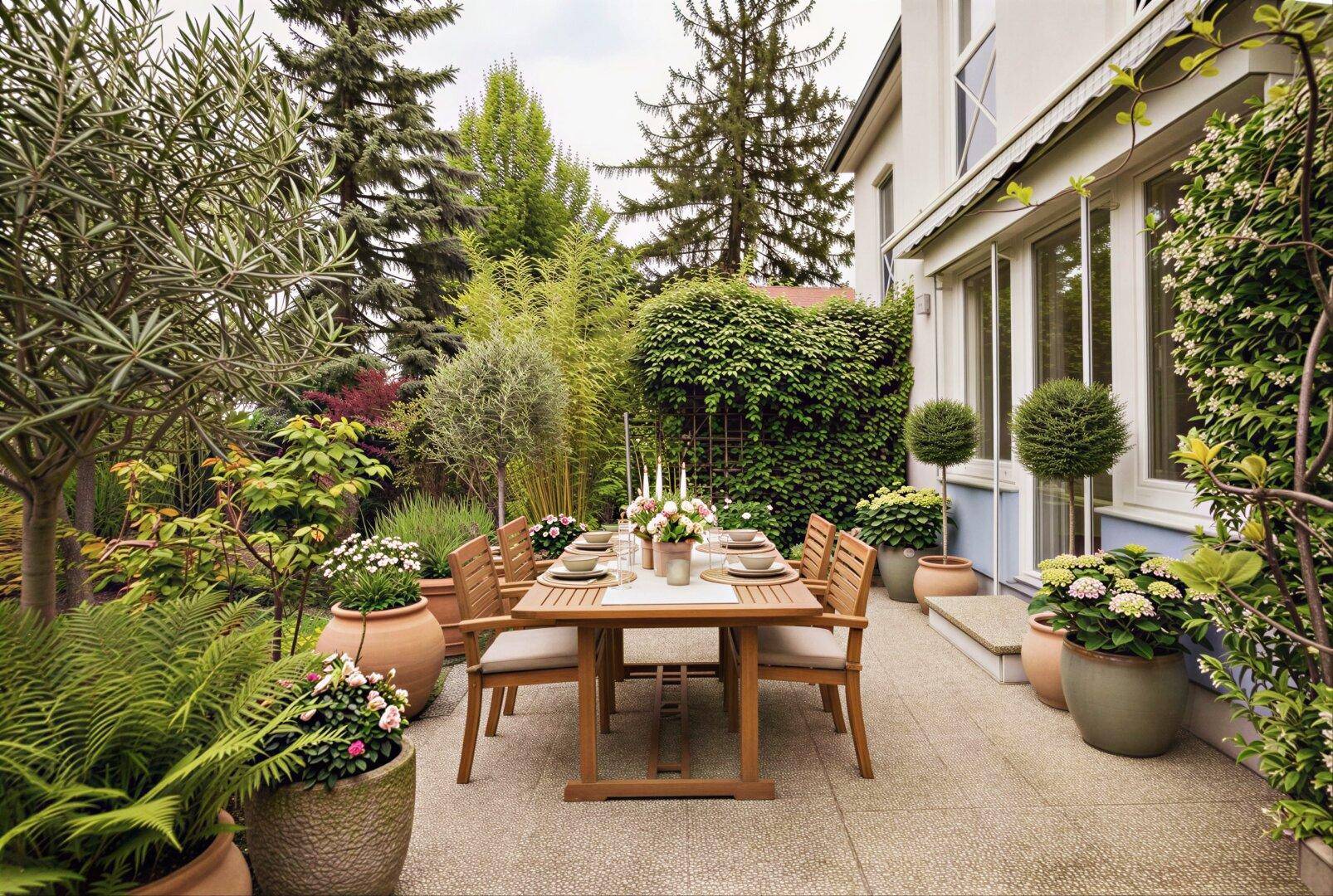 Große, möblierte Terrasse mit Esstisch und üppiger Bepflanzung im Gartenbereich.
