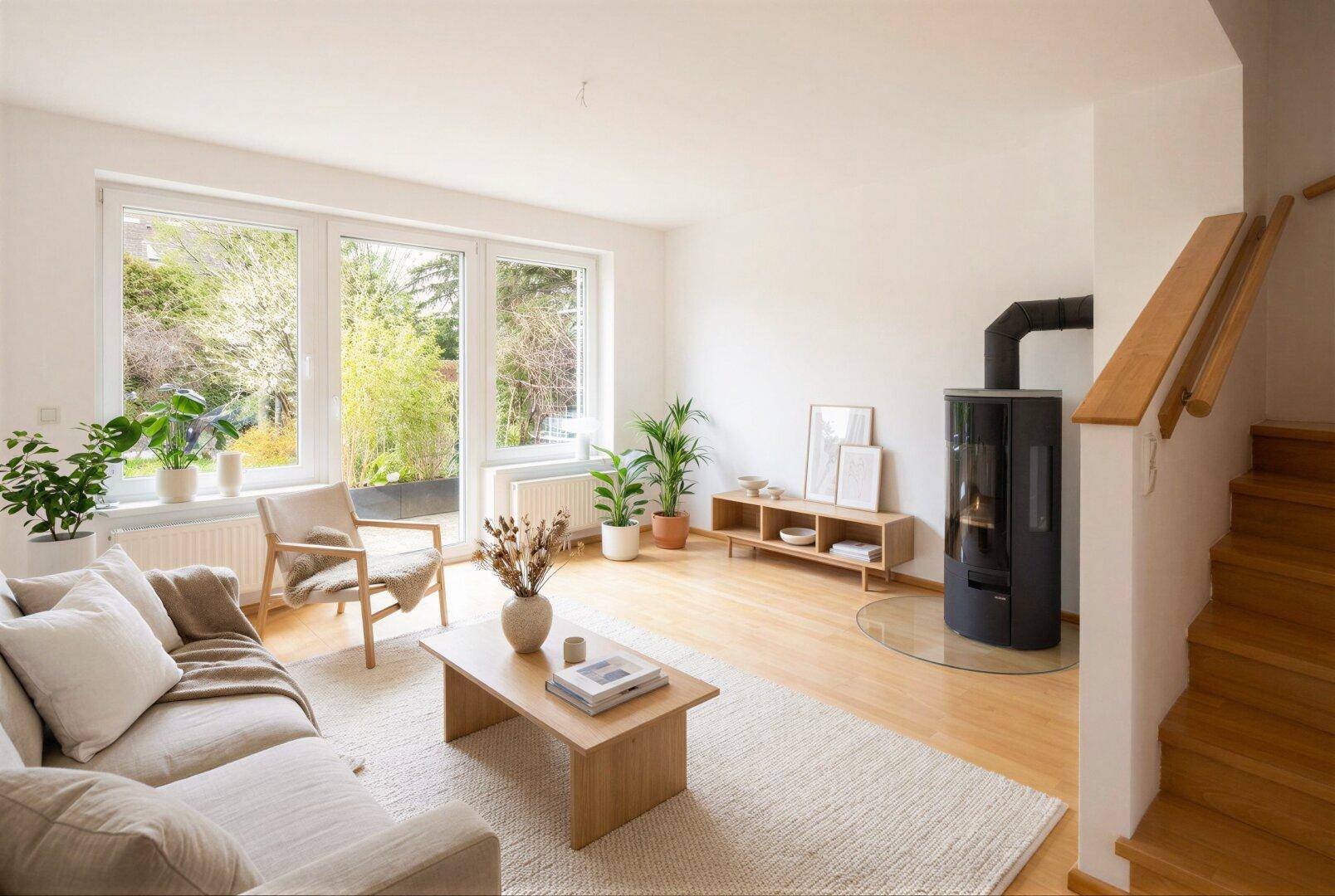 Gemütliches Wohnzimmer mit Kaminofen, beigem Sofa und großen Fenstern zum Garten.