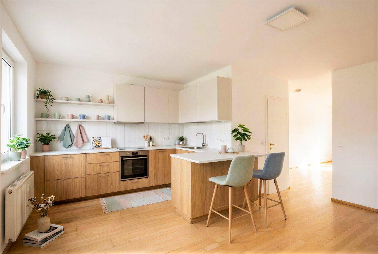 Moderne offene Küche mit Holzelementen, Kücheninsel und Barhockern, hell und einladend.