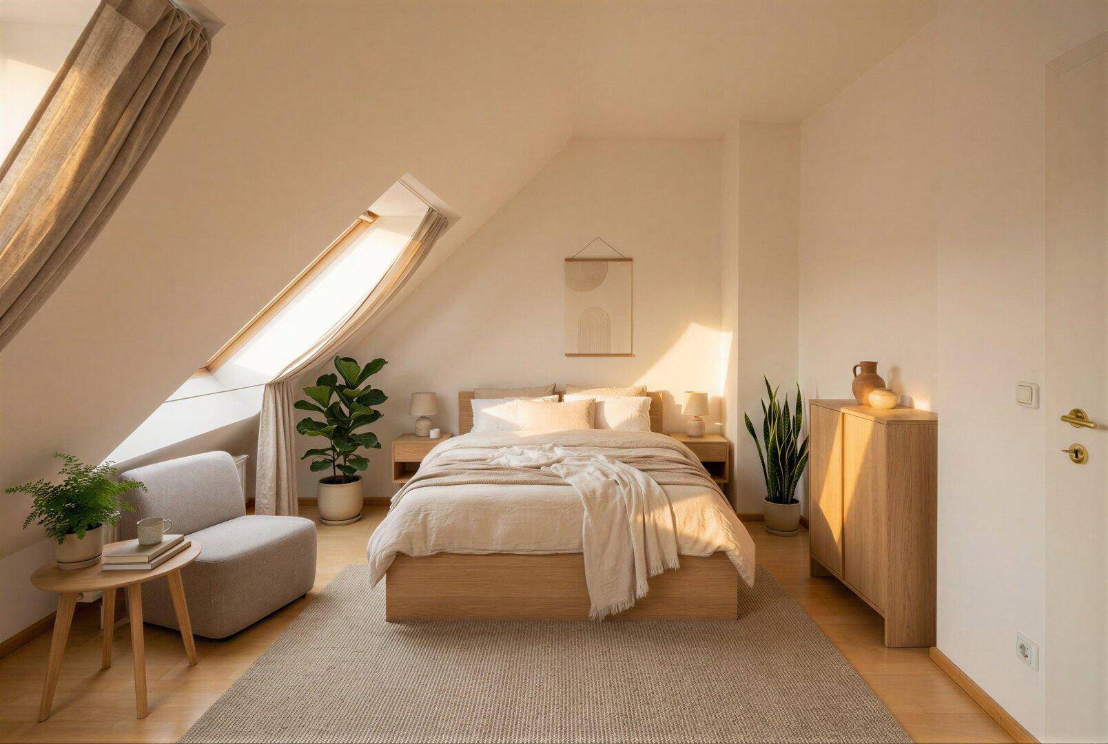 Helles Schlafzimmer im Dachgeschoss mit Holzbett, Pflanzen und viel Tageslicht durch Dachfenster.
