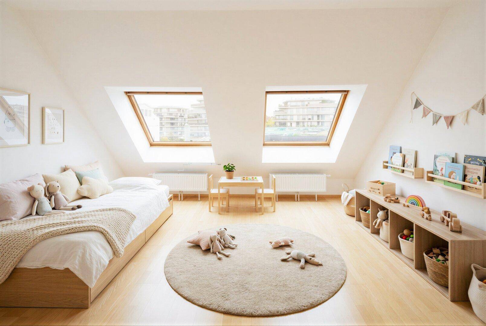Freundliches Kinderzimmer im Dachgeschoss mit Spielbereich, Bett und Dachfenstern.