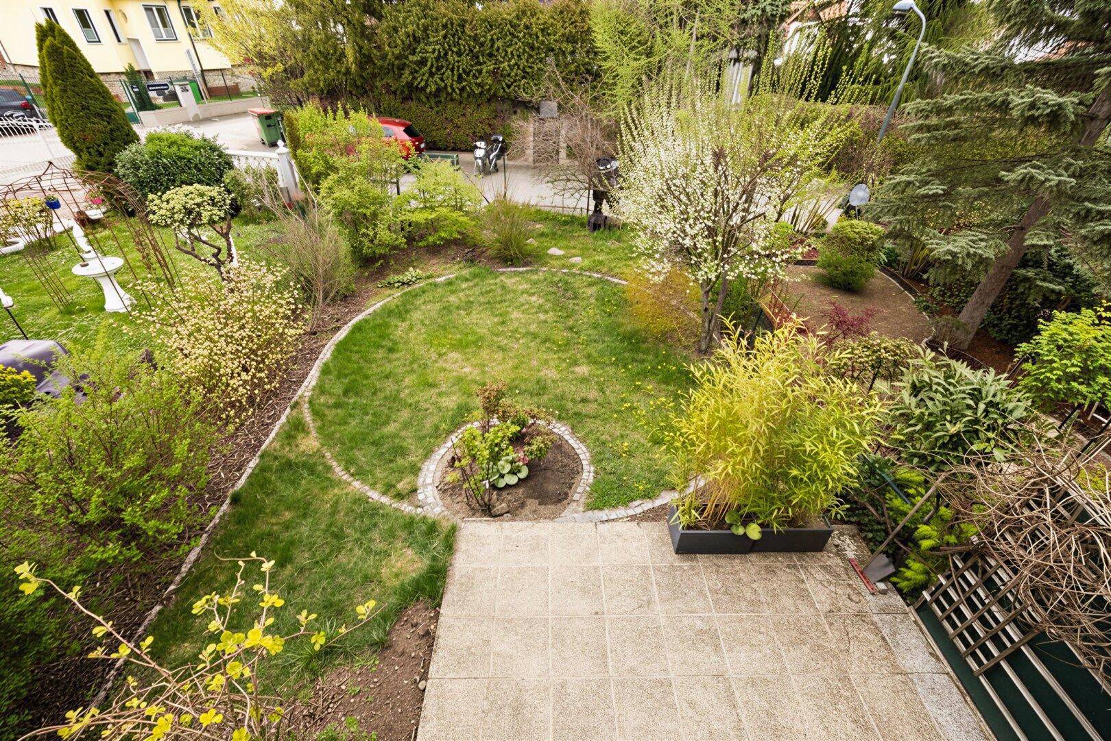 Gepflegter Garten mit Rasenfläche, verschiedenen Pflanzen und einem gepflasterten Terrassenbereich.
