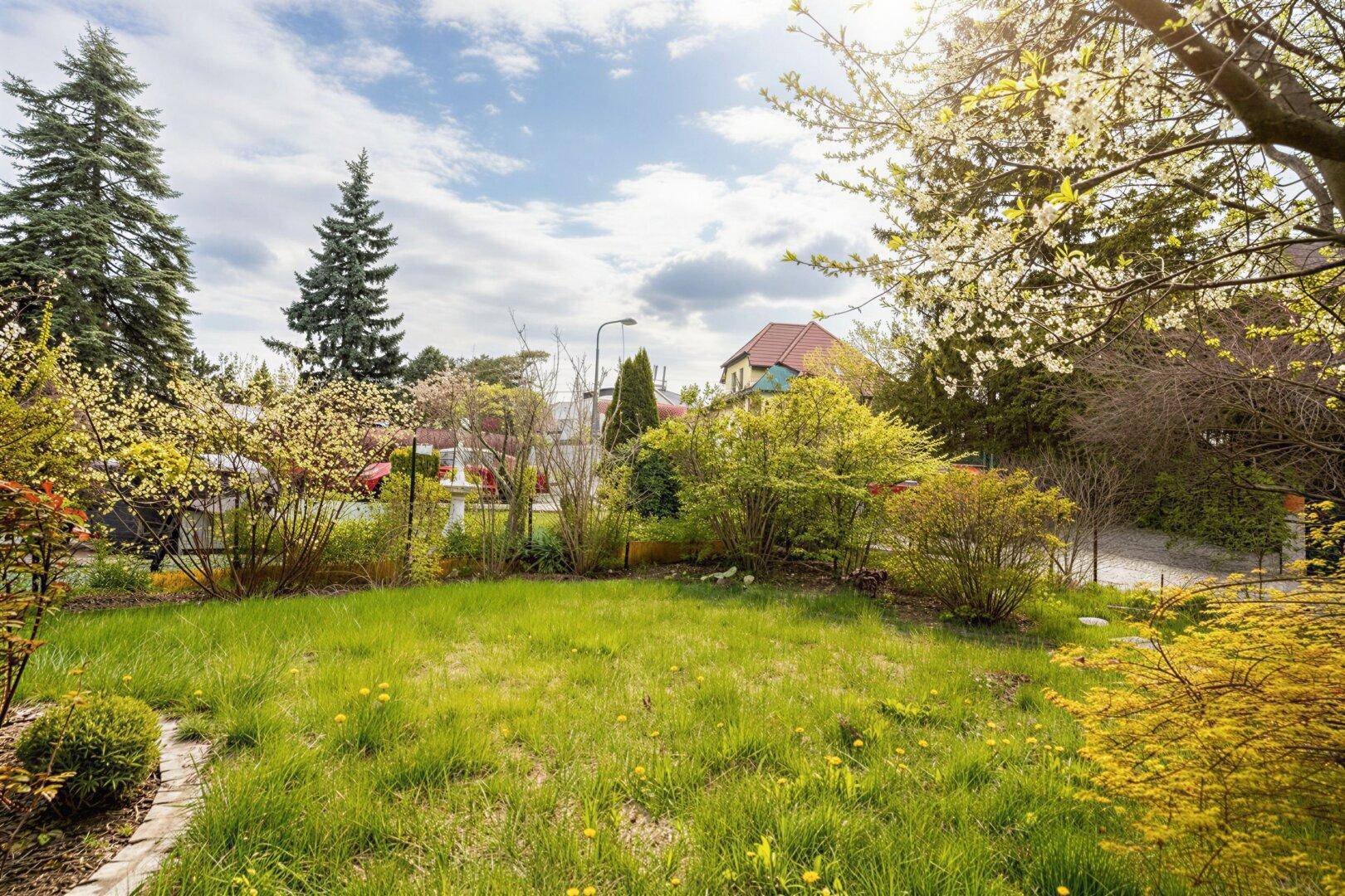 Weitläufiger Garten mit üppigem Grün, Rasenfläche und blühenden Bäumen unter blauem Himmel.