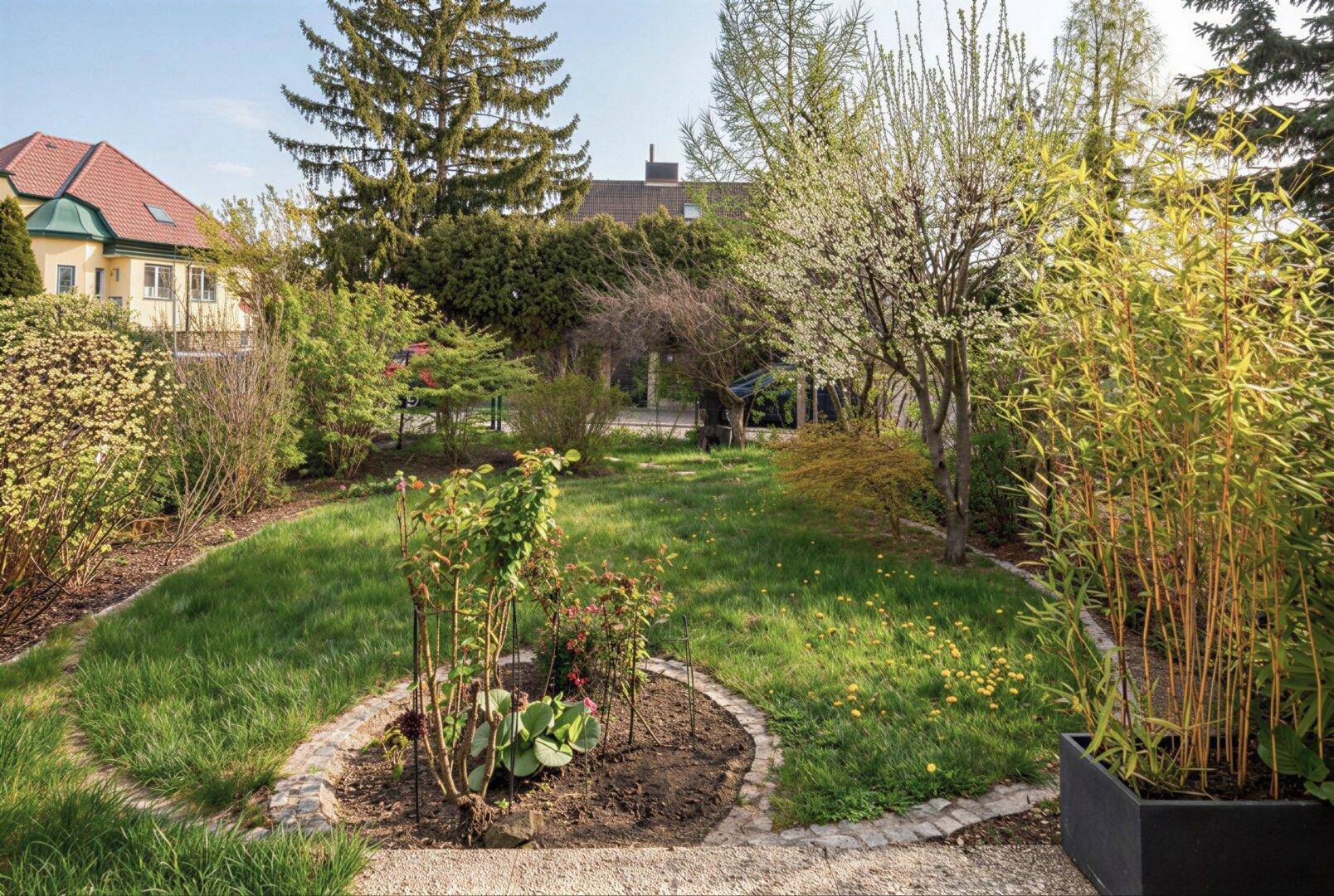 Gepflegter Garten mit Rasenfläche, verschiedenen Sträuchern und Bäumen in voller Blüte.