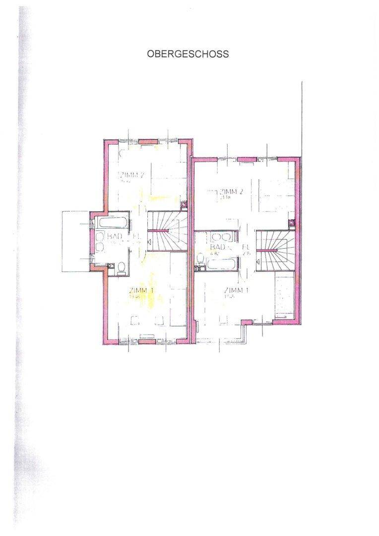 Grundriss des Obergeschosses mit zwei Wohneinheiten, Schlafzimmern und Badezimmern.