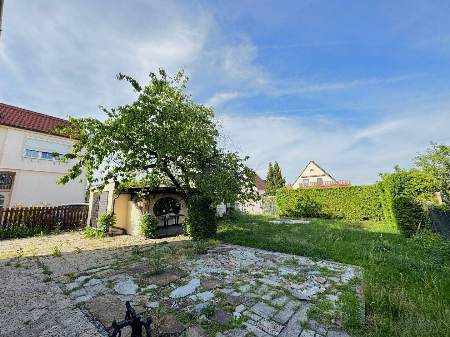 Großer Garten mit Rasenfläche, altem Baum und gepflastertem Sitzbereich.