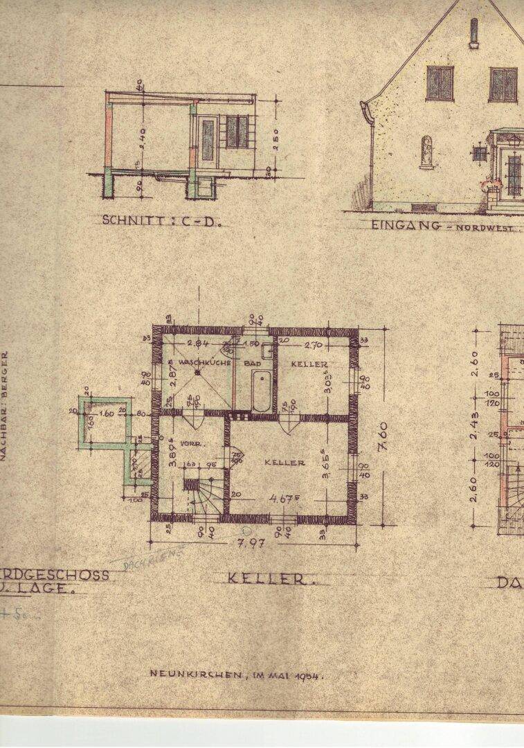 Historischer Grundriss des Kellers mit Waschküche und Lagerräumen.