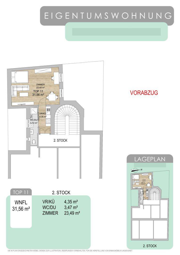 Grundrissplan für eine Eigentumswohnung im zweiten Stock mit Zimmer, Küche und WC/Dusche.