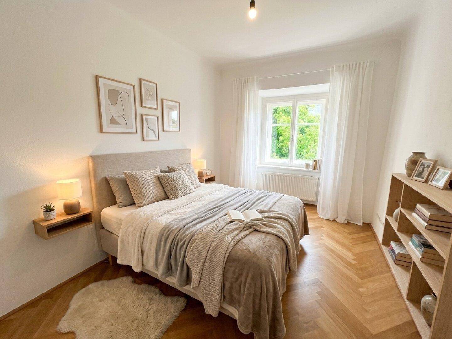 Gemütliches Schlafzimmer mit Fischgrätparkett, großem Fenster und moderner Dekoration für erholsame Nächte.