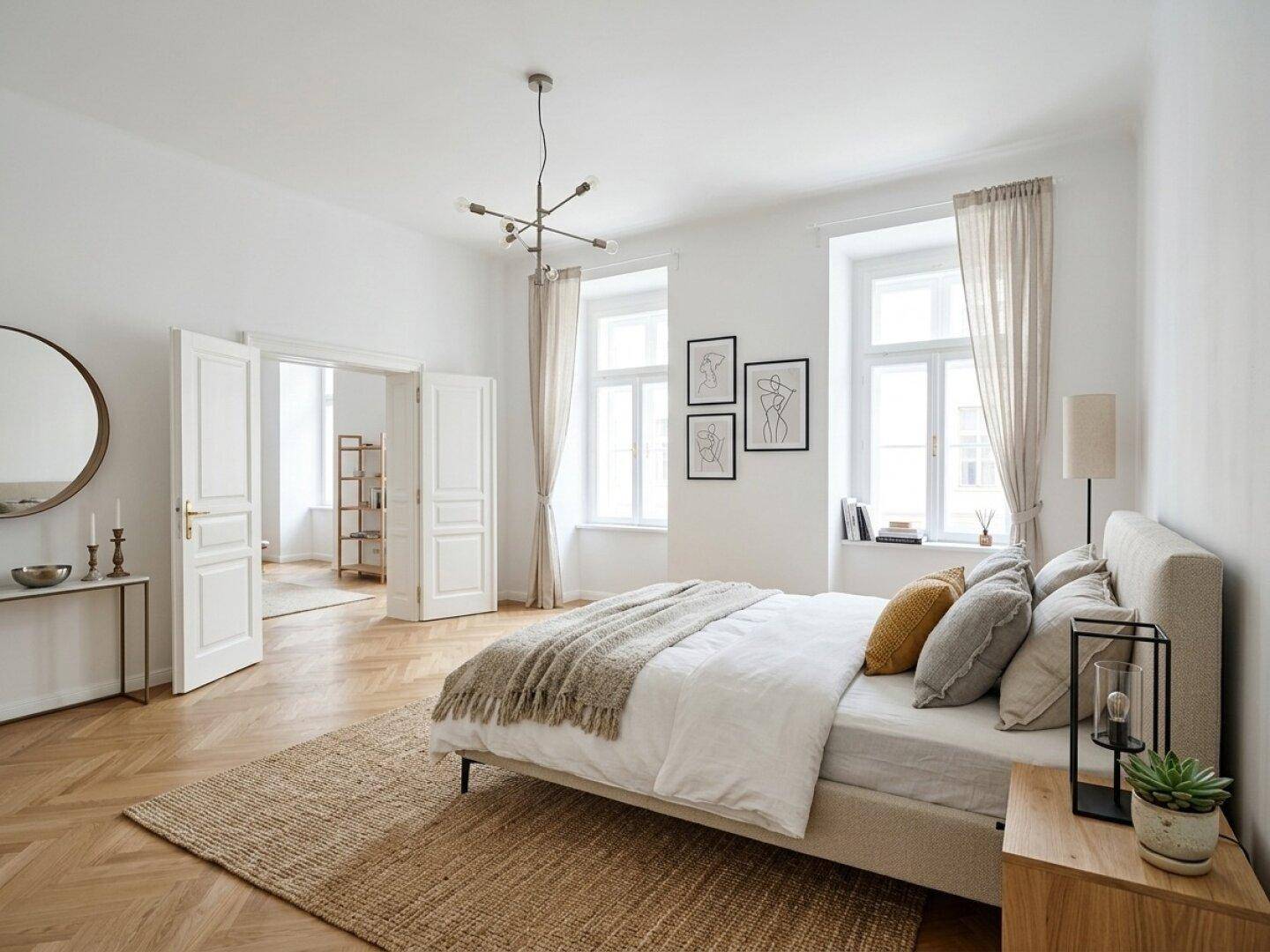 Gemütliches Schlafzimmer mit großem Bett, Fischgrätparkett und viel Tageslicht durch hohe Fenster.