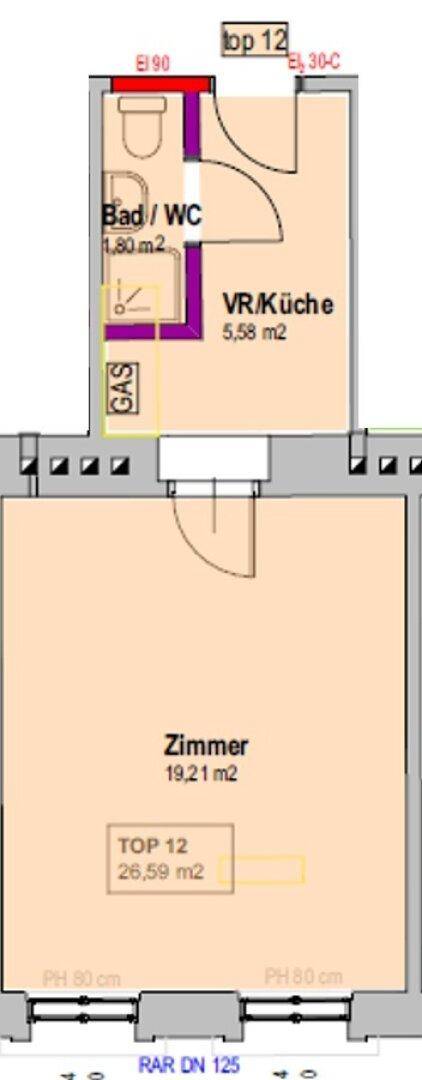 Grundriss einer kleinen Wohneinheit mit einem Zimmer, Bad/WC und integrierter Küche.