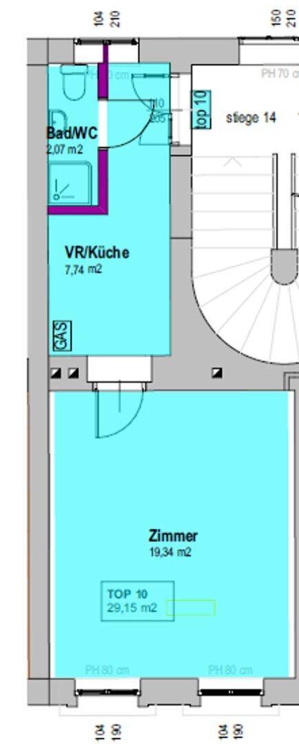 Grundriss einer kompakten Wohneinheit mit Bad/WC, Küche und einem Zimmer.