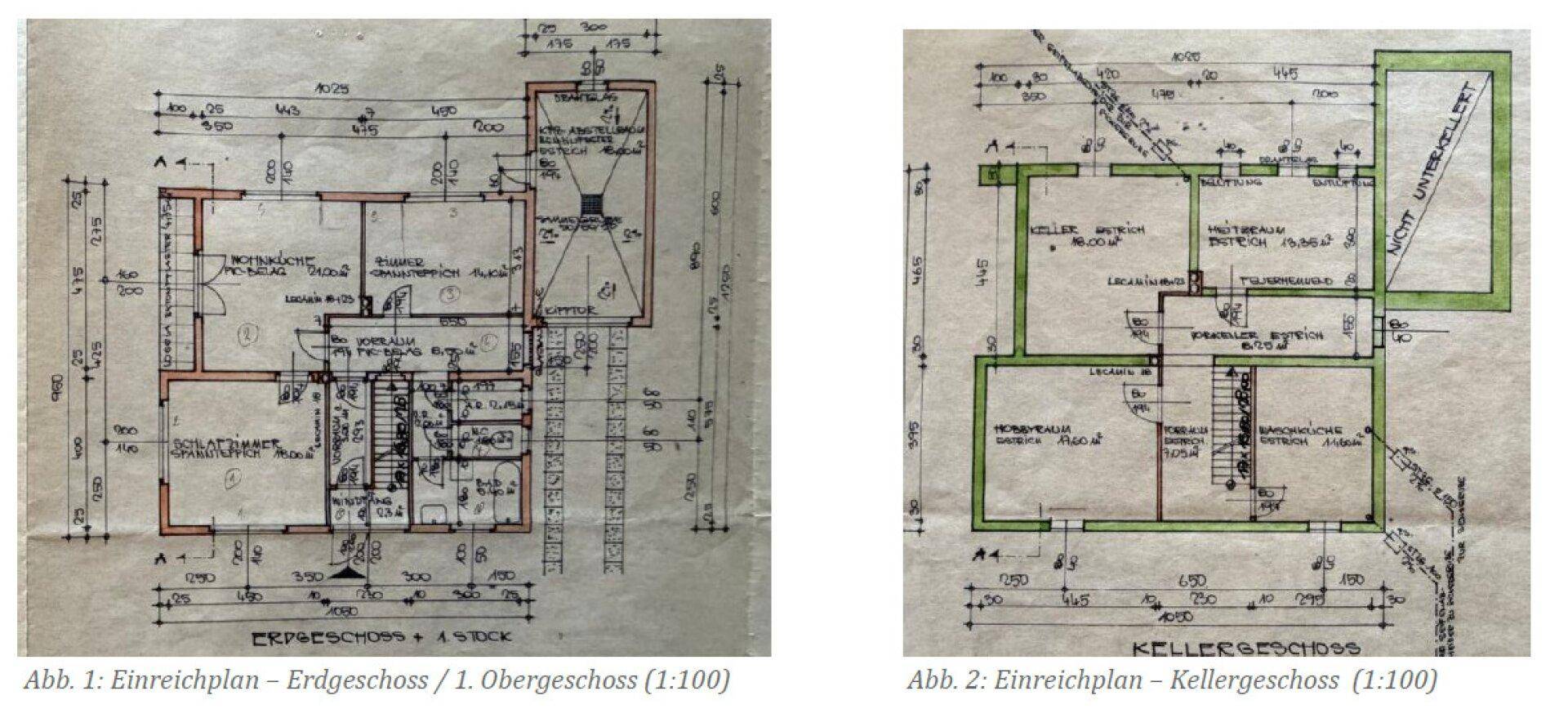 Zwei Grundrisse zeigen die Aufteilung des Erdgeschosses, Obergeschosses und des Kellers.