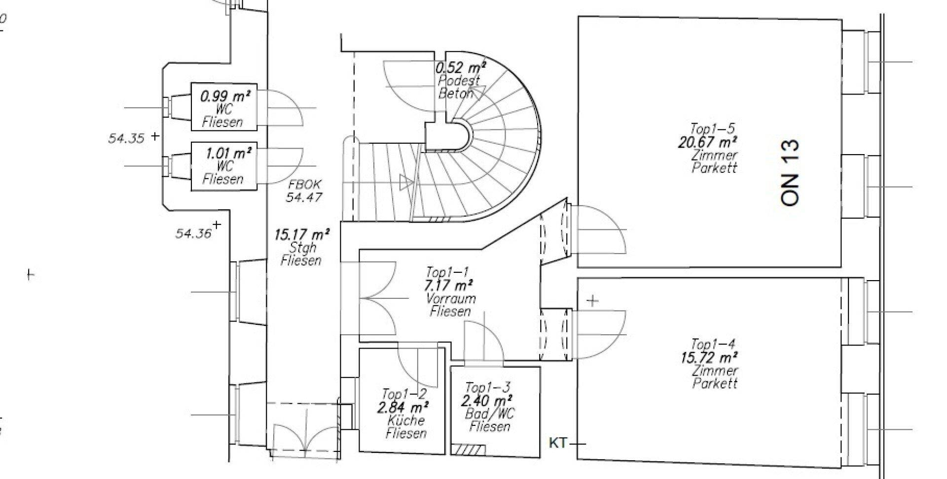 Grundrissplan einer Etage mit verschiedenen Zimmern und Treppenhaus.