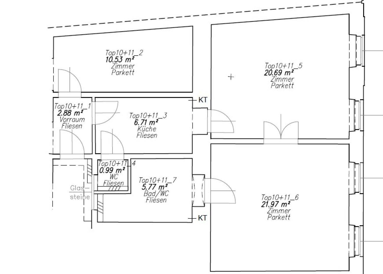 Grundriss einer Wohnung mit drei Zimmern, separater Küche, Vorraum und zwei Bädern.