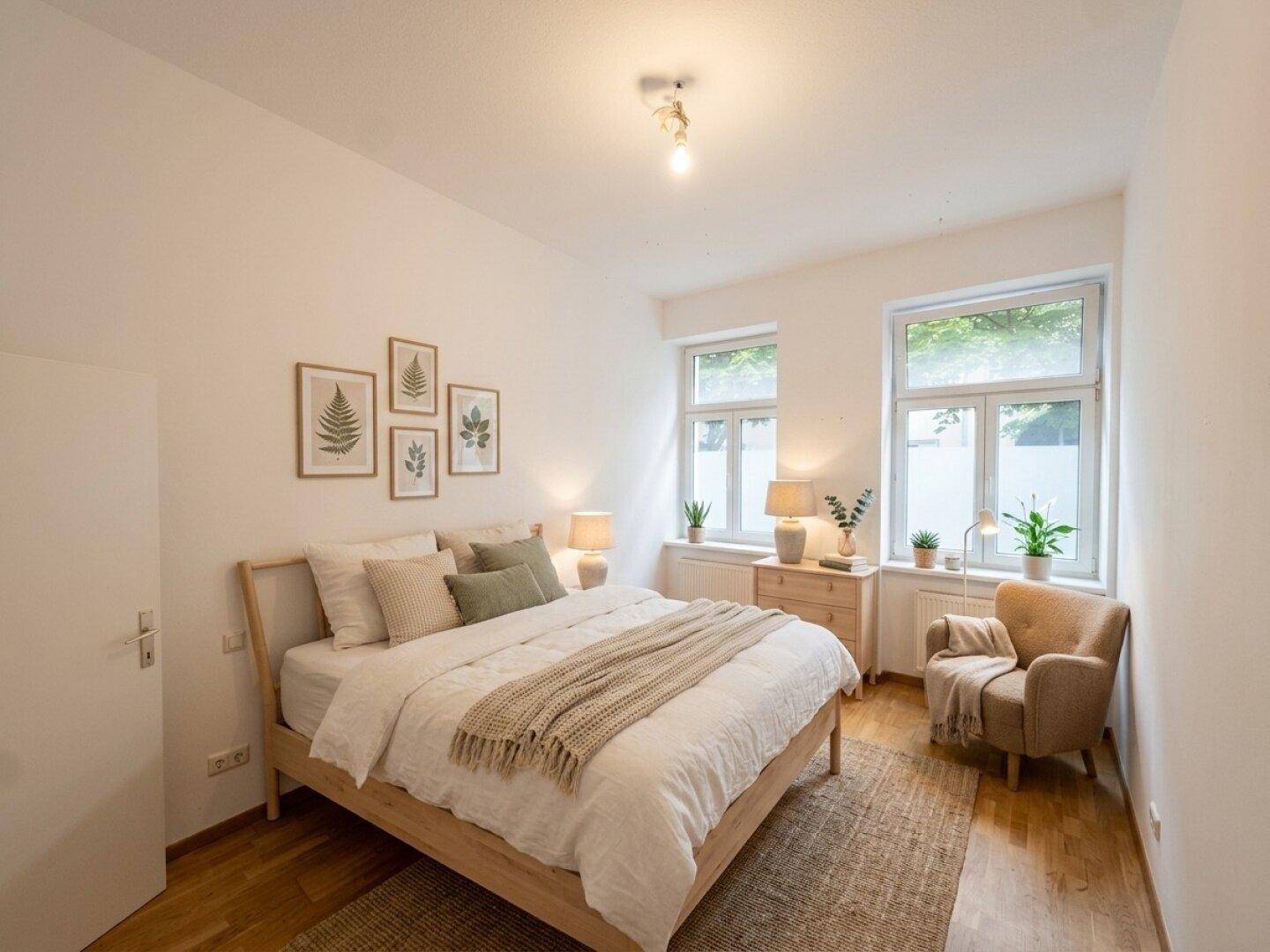 Gemütliches Schlafzimmer mit Doppelbett, Nachttischen und natürlichem Lichteinfall.