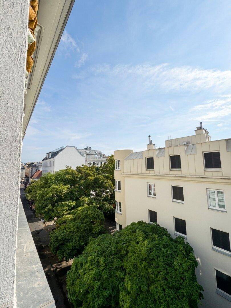 Blick vom Balkon auf die Baumallee und die umliegenden Stadtgebäude unter blauem Himmel.