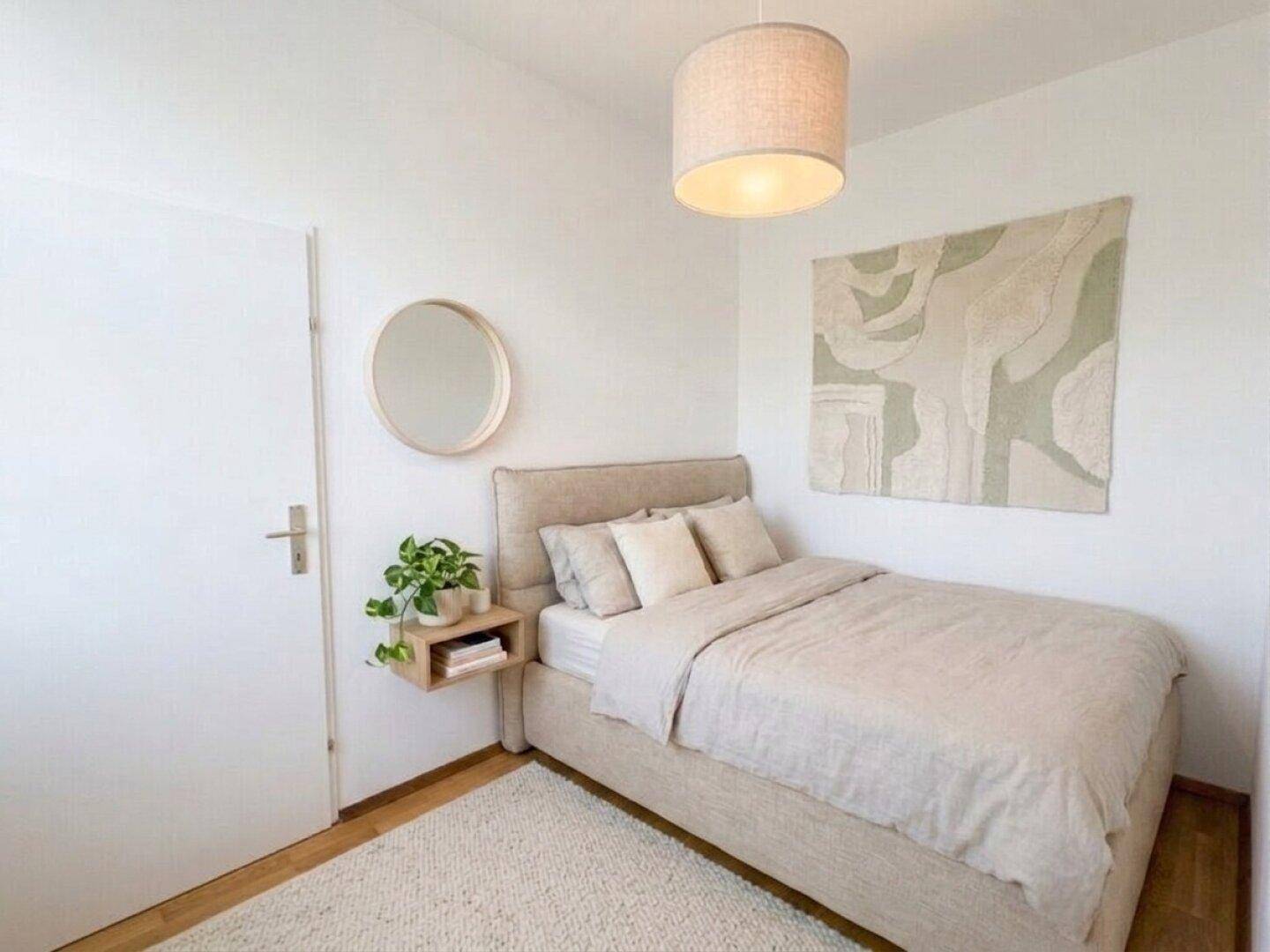 Gemütliches Schlafzimmer mit Einzelbett, Holzboden und moderner, schlichter Dekoration.