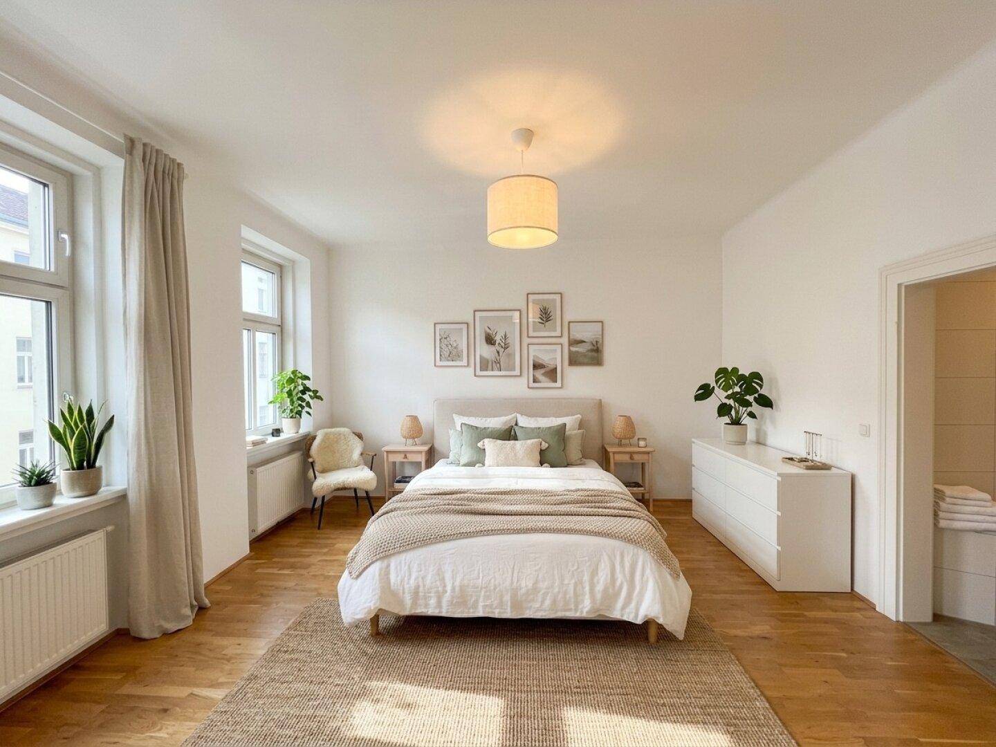 Gemütliches Schlafzimmer mit Doppelbett, Holzboden und Pflanzen, das viel natürliches Licht erhält.