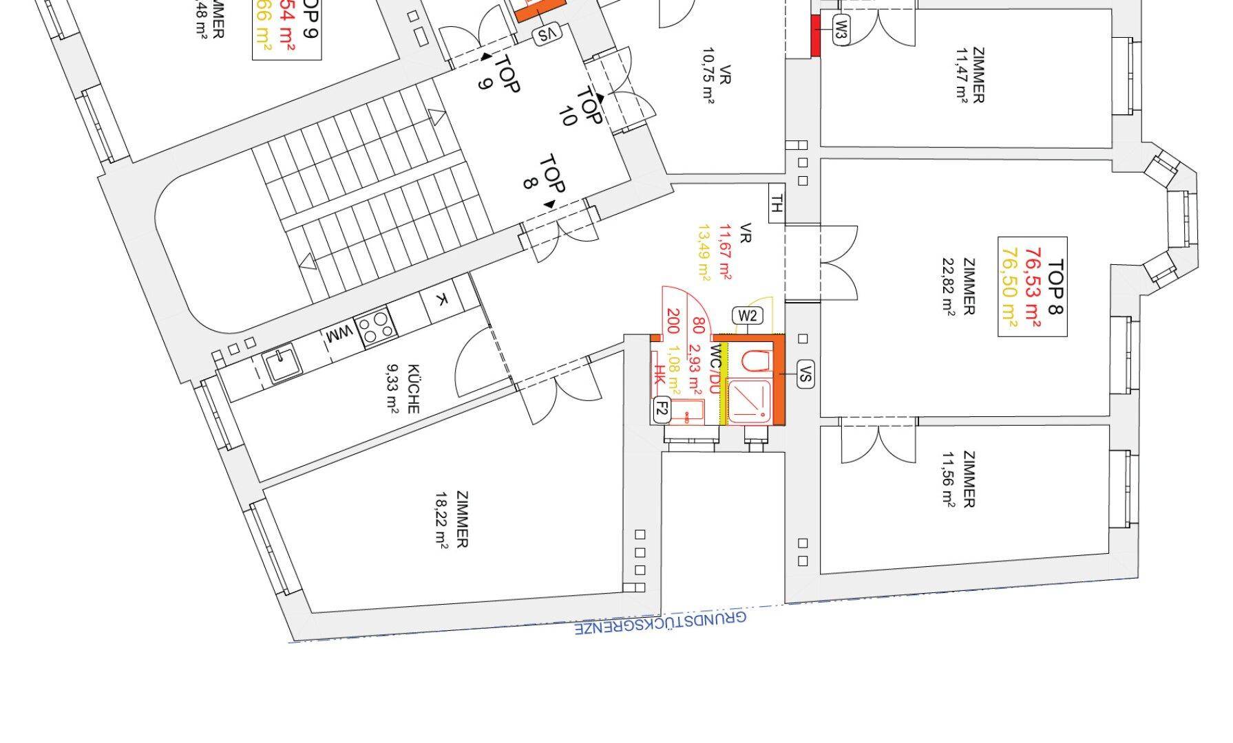 Grundriss einer Wohnung mit mehreren Zimmern, Küche und zwei Bädern, inklusive Abmessungen.