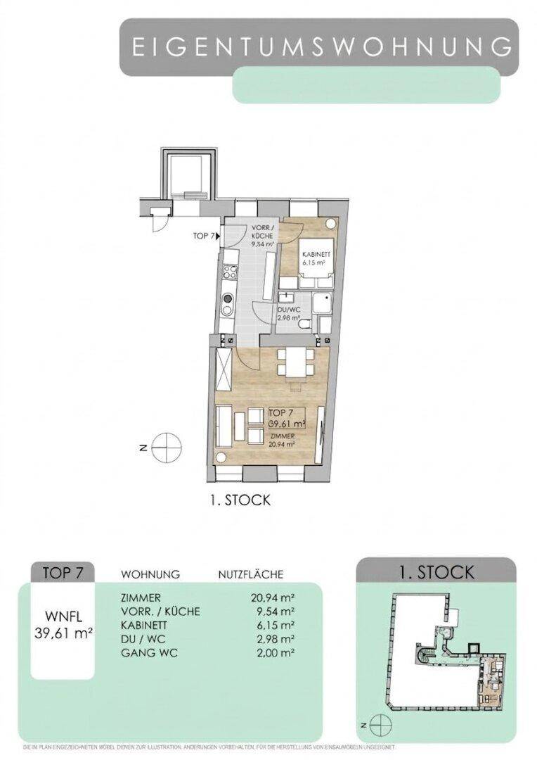 Grundriss der Eigentumswohnung im 1. Stock mit Zimmern und Nutzflächenangaben.